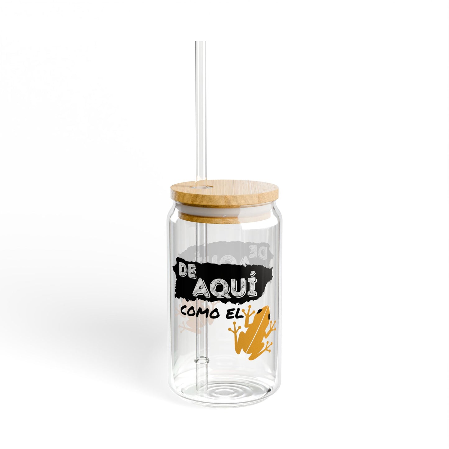 "De Aquí como el Coquí" Eco-Friendly Sipper Glass Cup with Bamboo Lid and Straw | 16oz