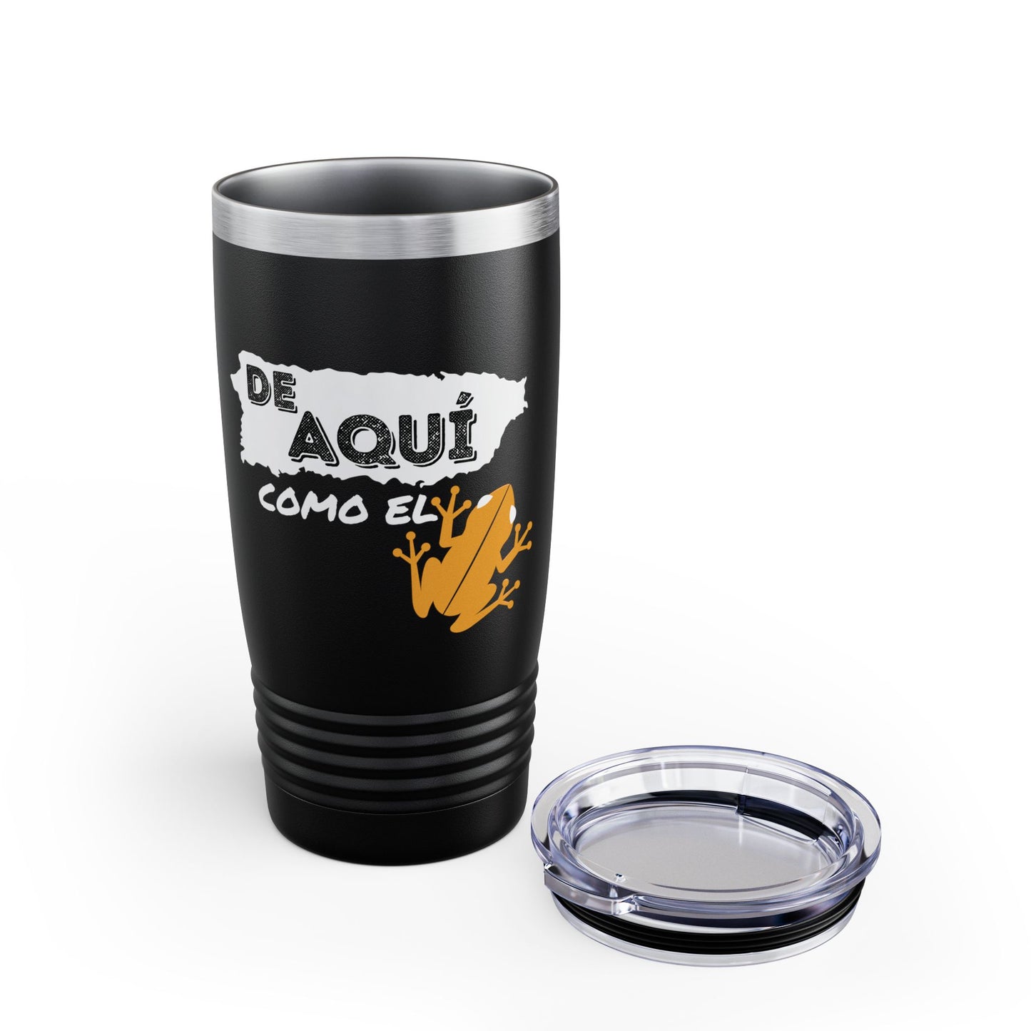 "De Aquí como el Coquí" 20oz Travel Mug for your Cafecito - Ringneck Tumbler - Matte Black on Stainless Steel